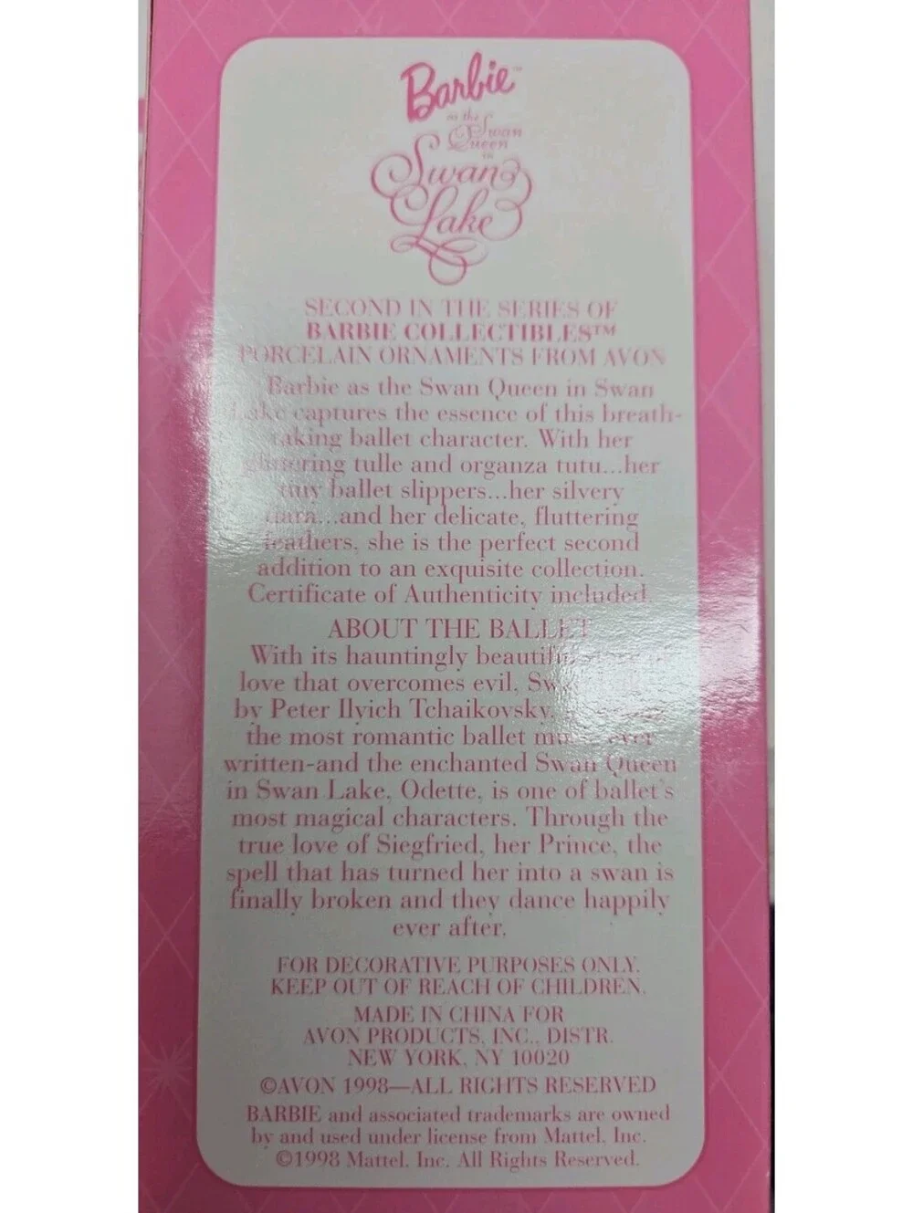 1998 Avon Barbie as The Swan Queen in Swan Lake Porcelain Ornament Original Box